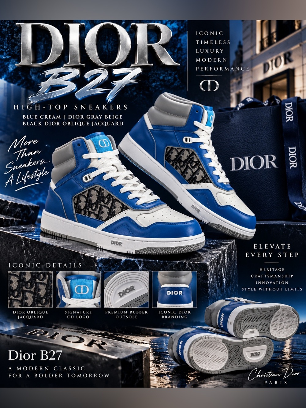 New!🔥Dior B27 Blue, Gray and White Smooth Calfskin with Beige!🔥